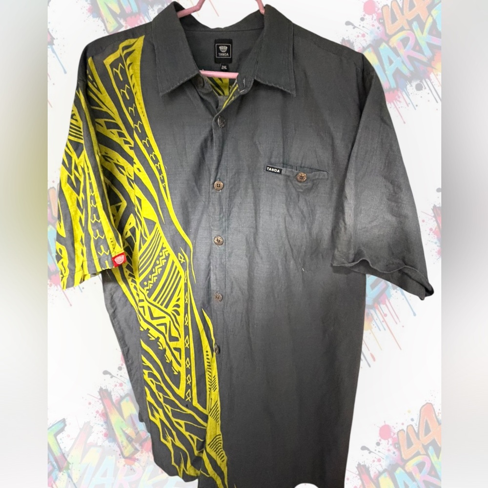 Tano Men's Charcoal and Neon Yellow Button-Down Shirt
